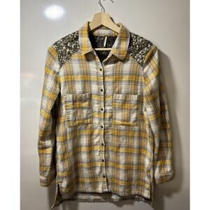 Free People Little Bit Of Sugar Sequin Button Up Flannel Shirt Yellow Plaid Sz L